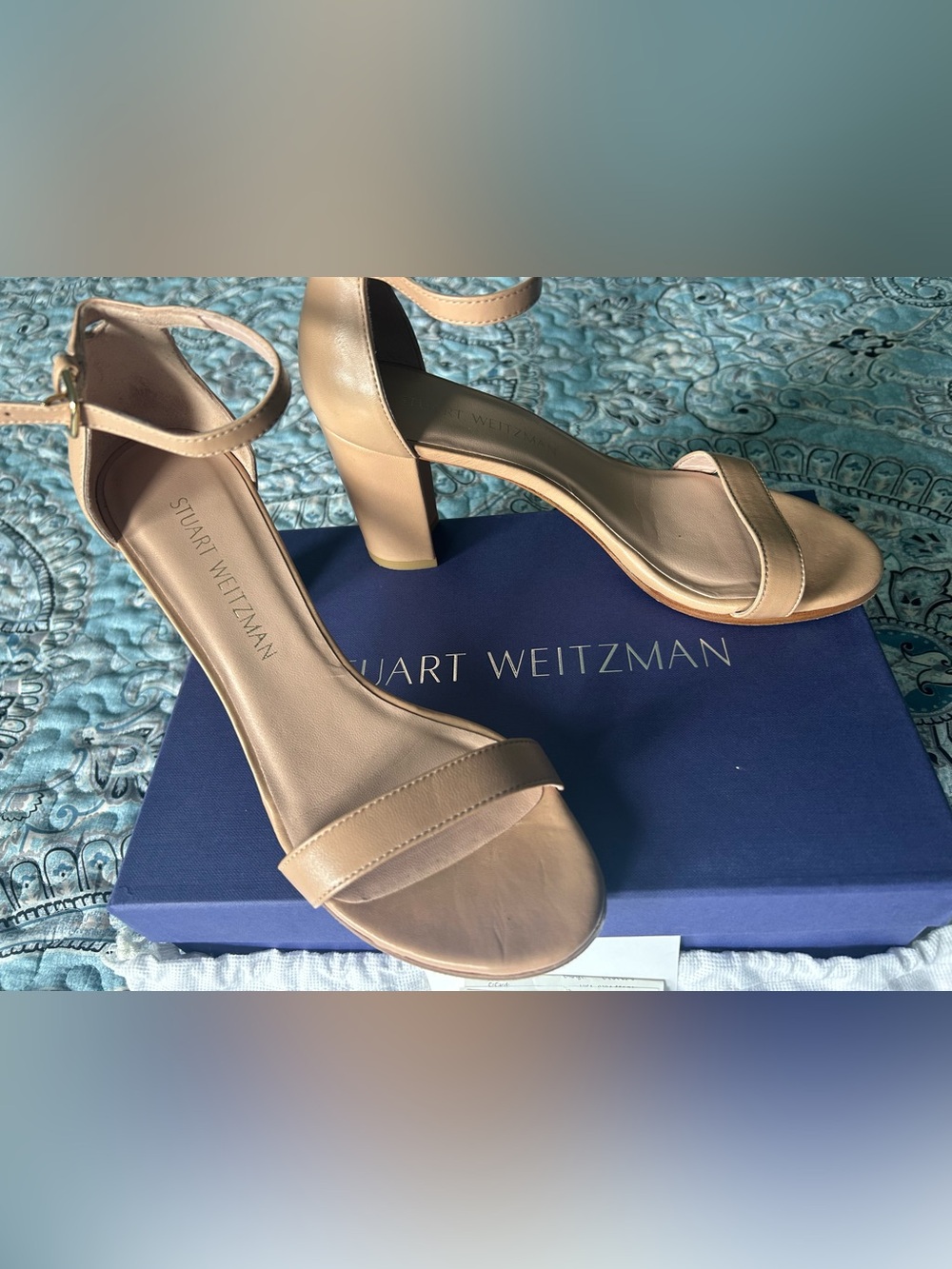 Stuart Weitzman Beige Ankle-Strap Block Heel Sandals
